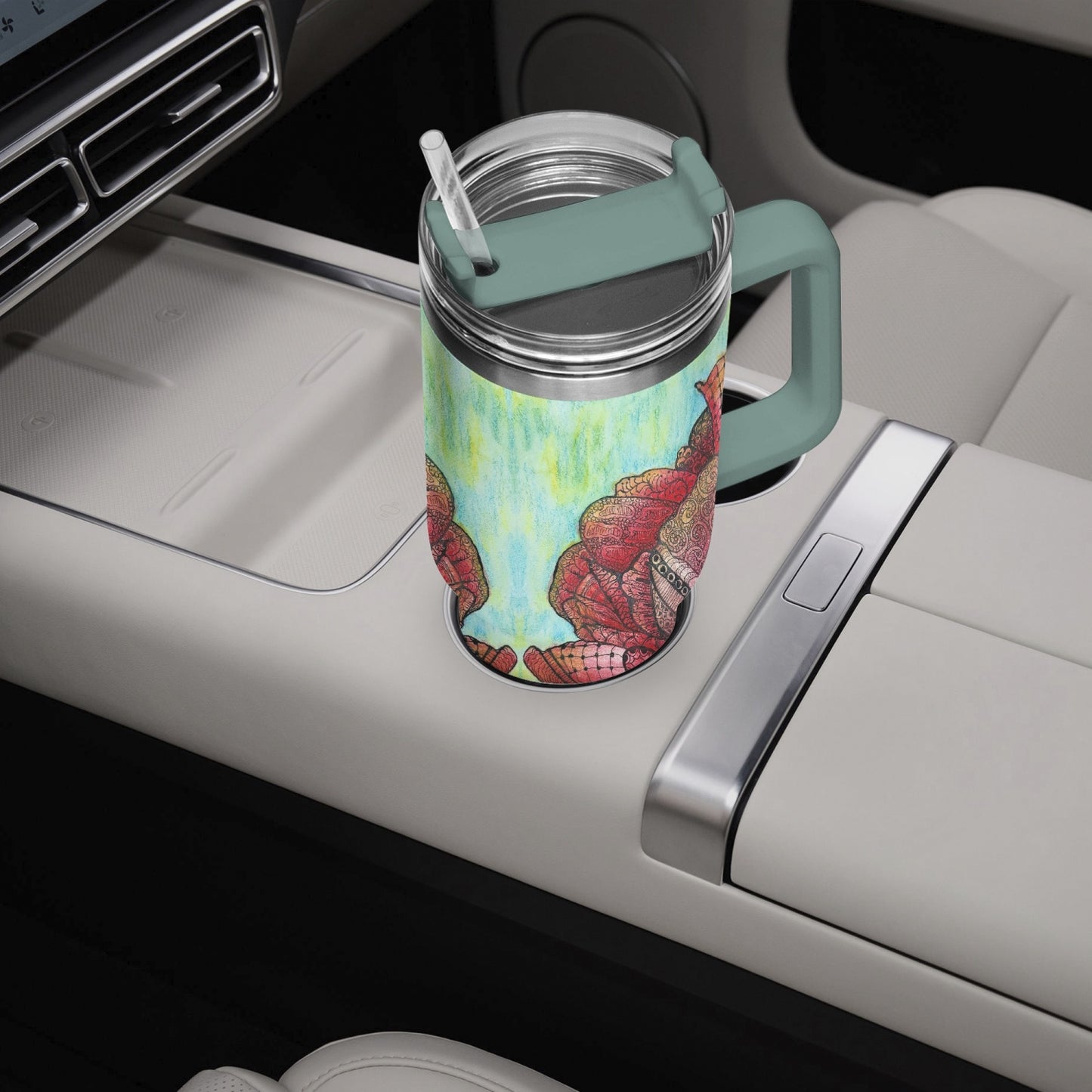 40oz Car Tumbler Cup - Zen Floral Harmony - Colorful Zentangle Flower Artwork Design