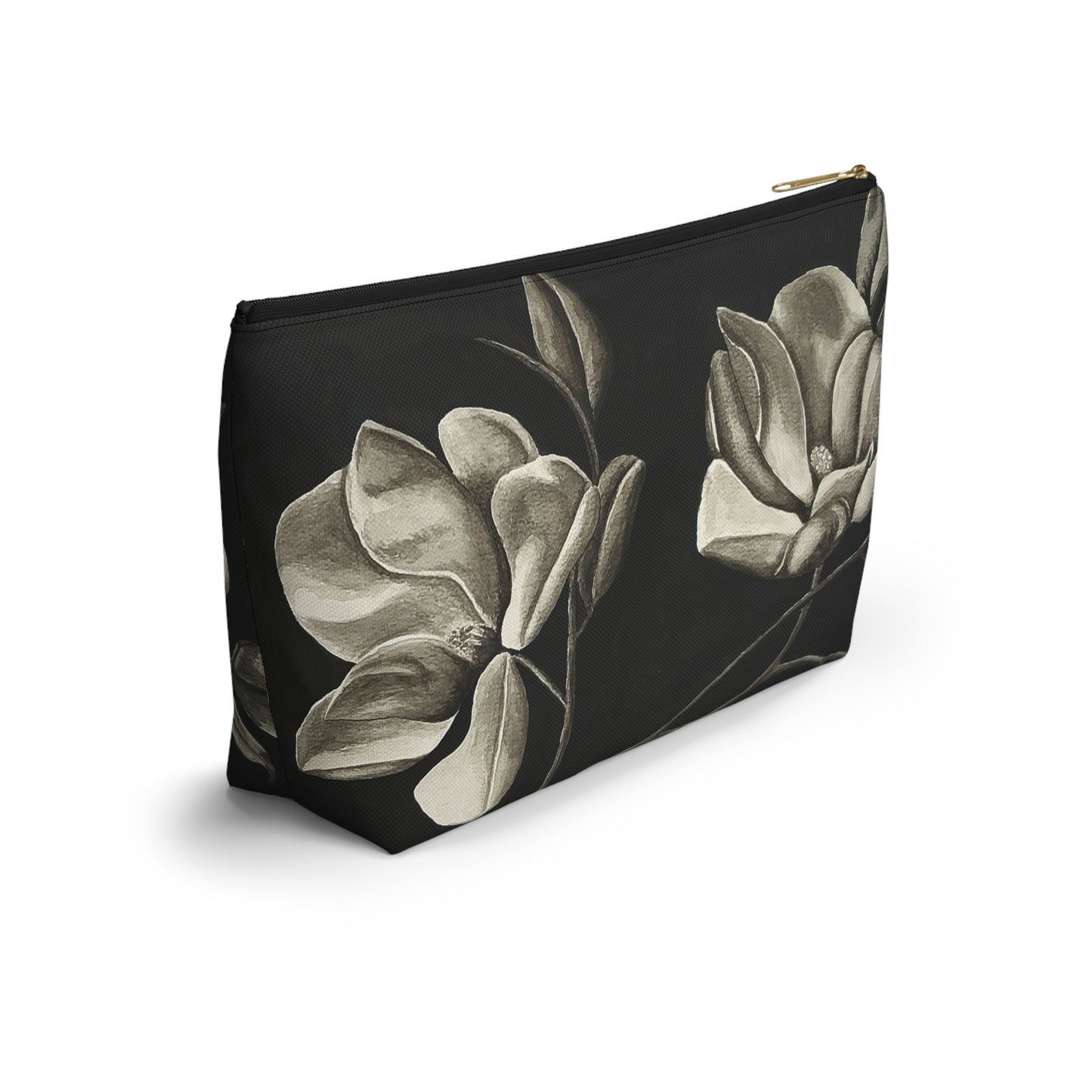 Accessory Pouch w T-bottom - Zippered Bag - Midnight Magnolias - Monochrome Floral Artwork Design