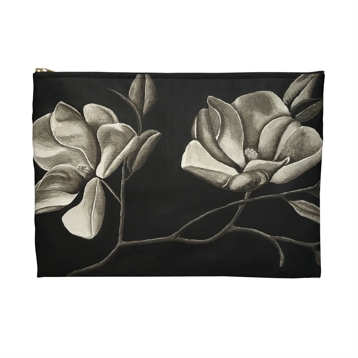 Accessory Pouch - Zippered Bag, Midnight Magnolias - Monochrome Floral Artwork Design