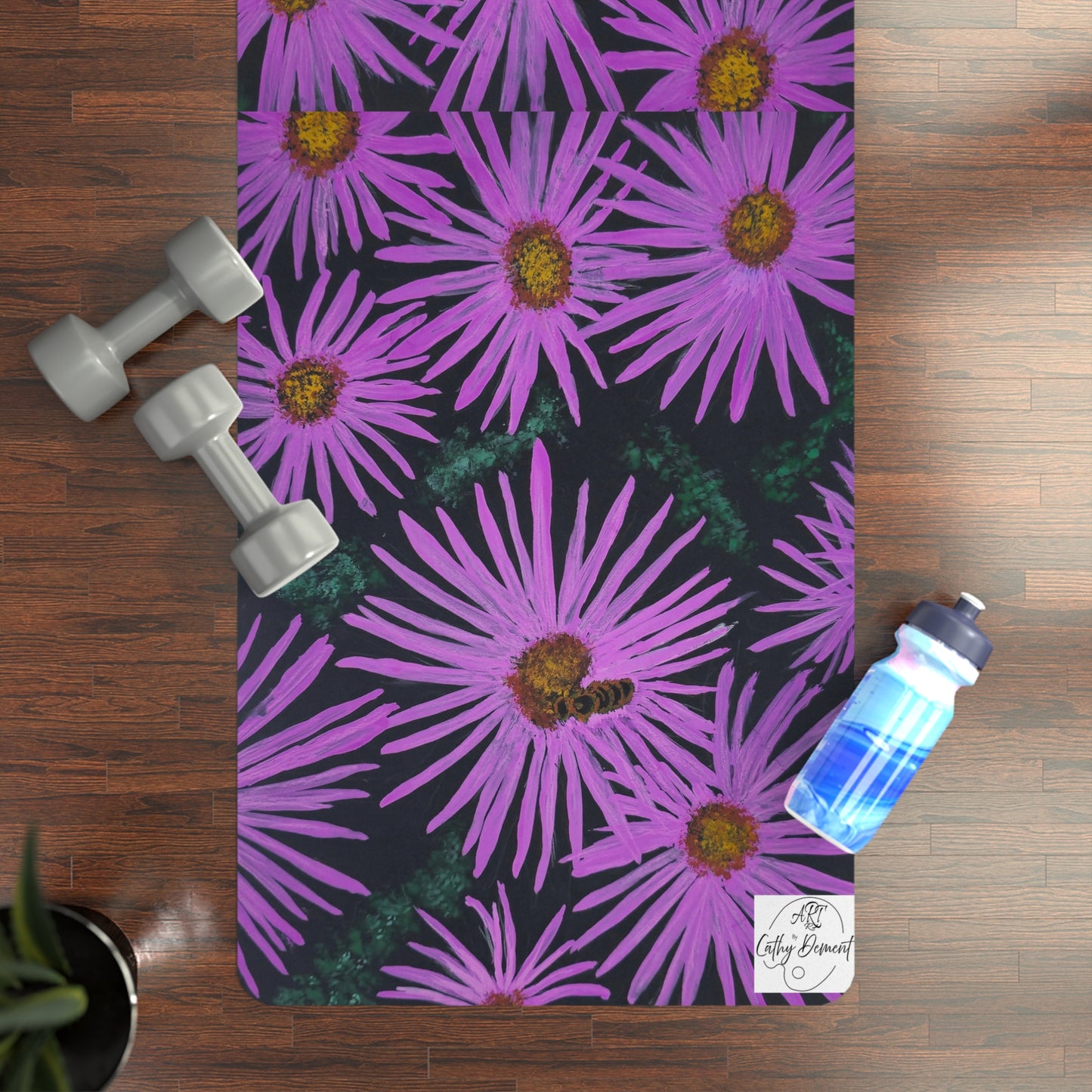 Yoga Mat - Purple Aster Flowers with Bee - Colorful Floral Artwork Design