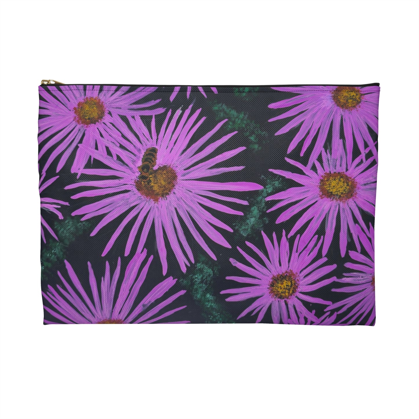 Accessory Pouch, Cosmetic Bag - Purple Aster Flowers with Bee Artwork Design