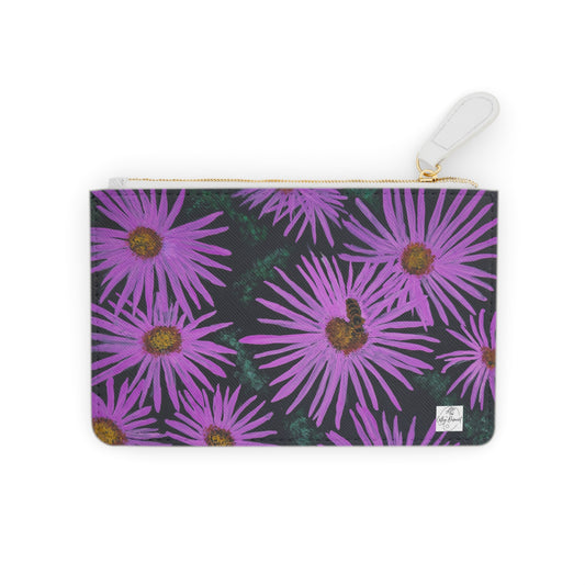 Mini Clutch Bag - Purple Aster Flowers with Bee - Colorful Floral Artwork Design