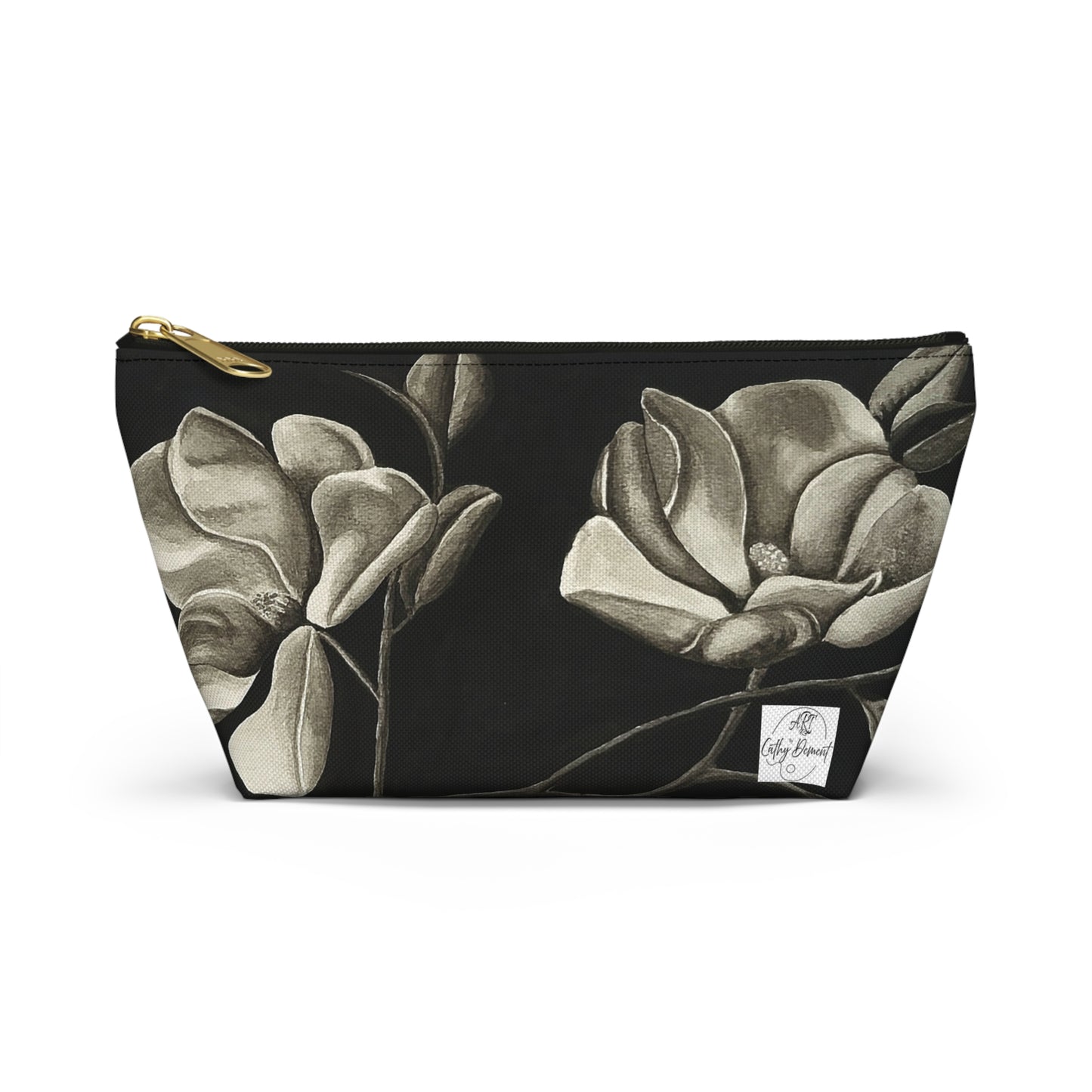 Accessory Pouch w T-bottom - Zippered Bag - Midnight Magnolias - Monochrome Floral Artwork Design