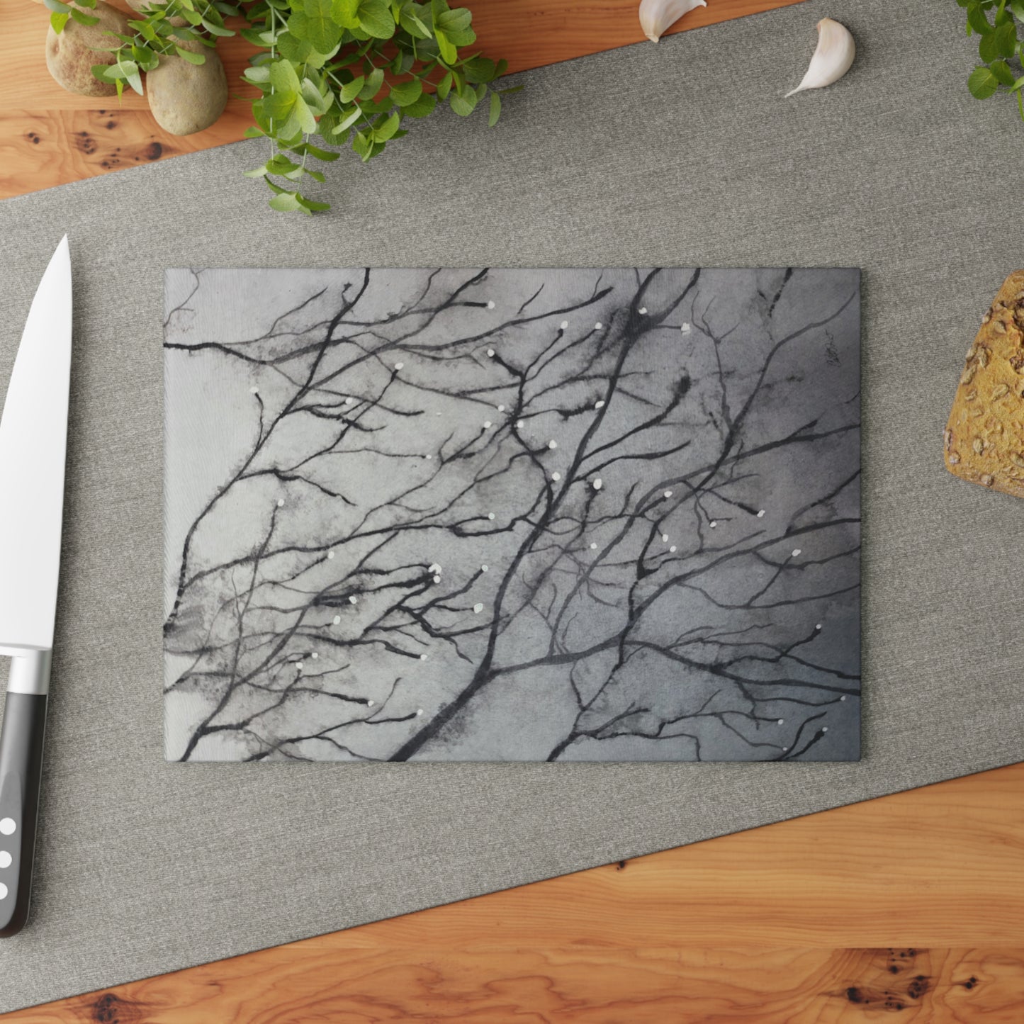 Glass Cutting Board - Tranquil Dawn, Misty Morning - Monochrome Nature-Inspired Kitchen Décor