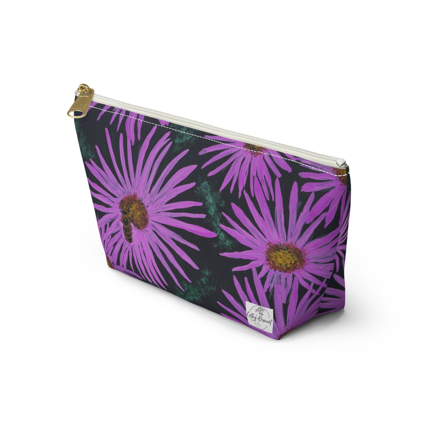 Accessory Pouch with T-bottom - Purple Aster Flowers with Bee Artwork