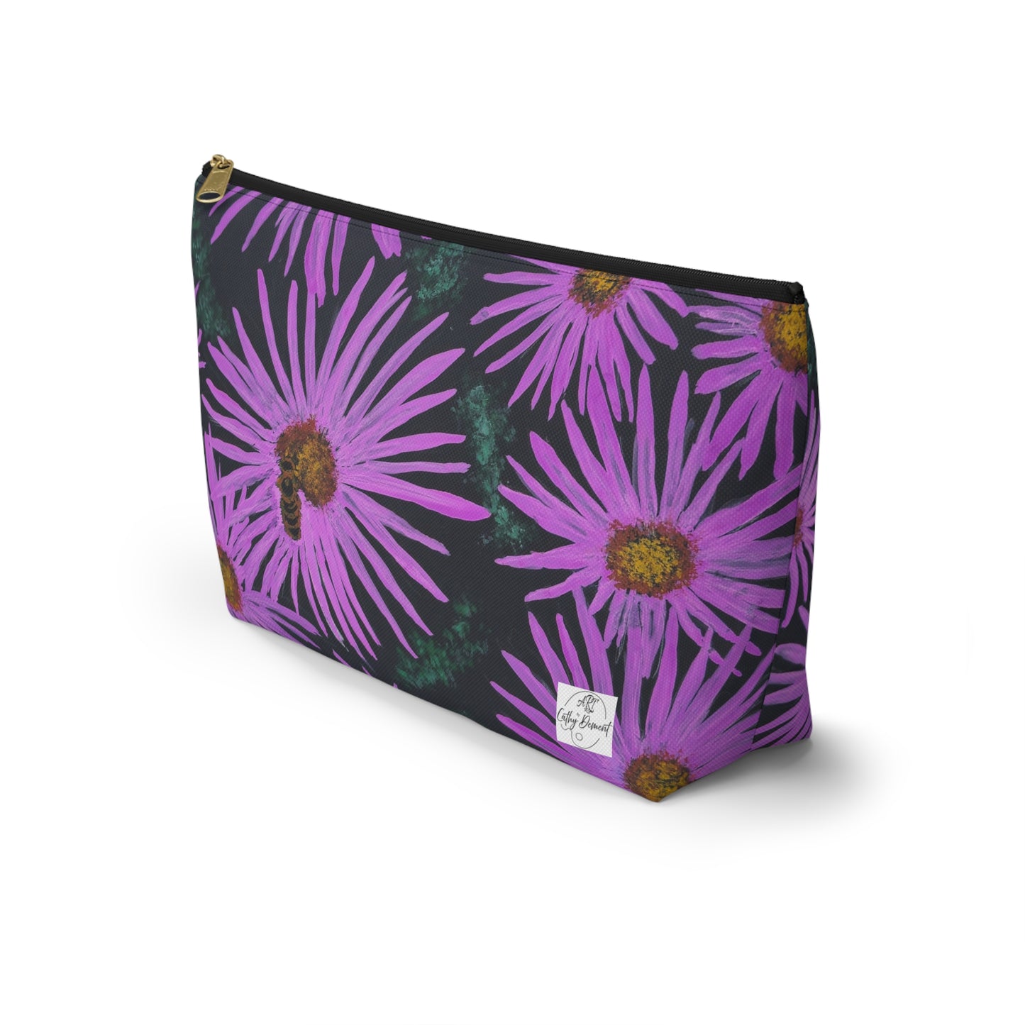 Accessory Pouch with T-bottom - Purple Aster Flowers with Bee Artwork