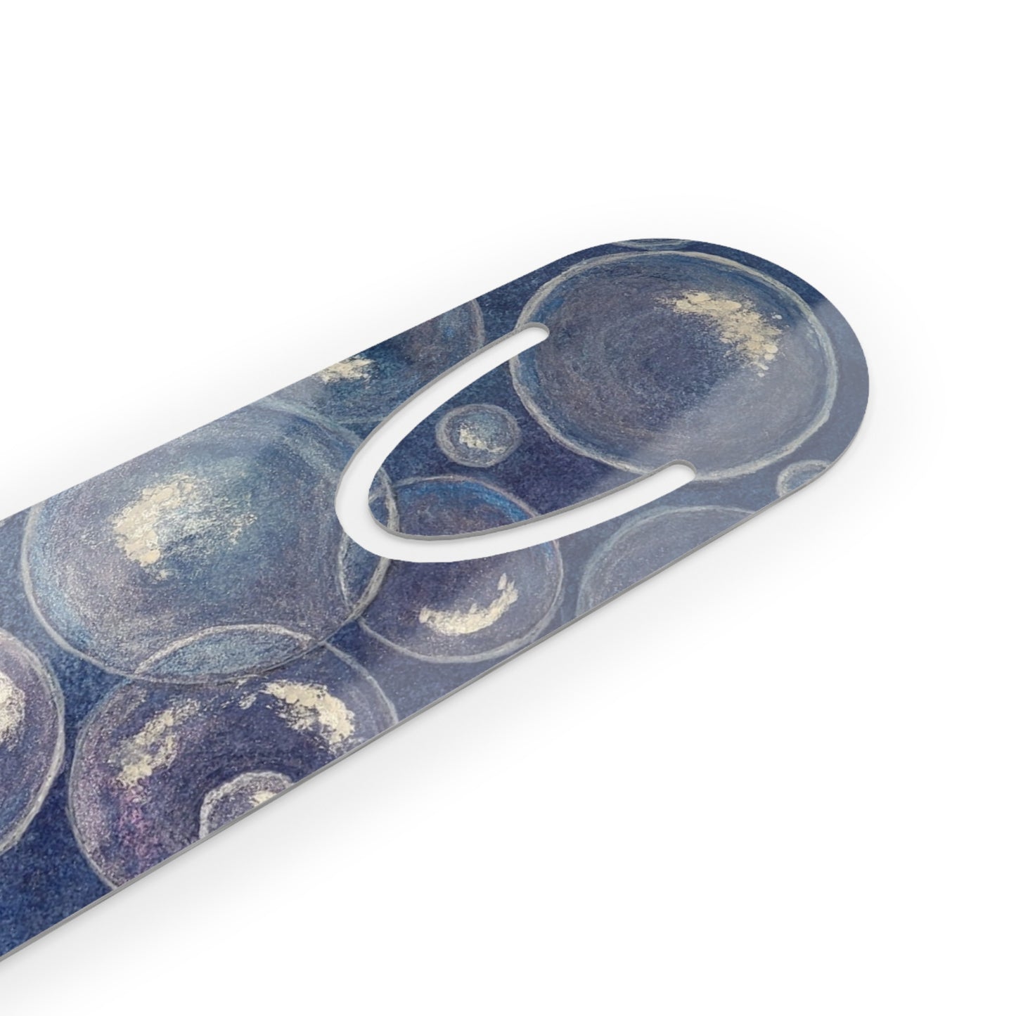 Metal Bookmark - Tranquil Reflections: Blue and White Reflective Bubble Design