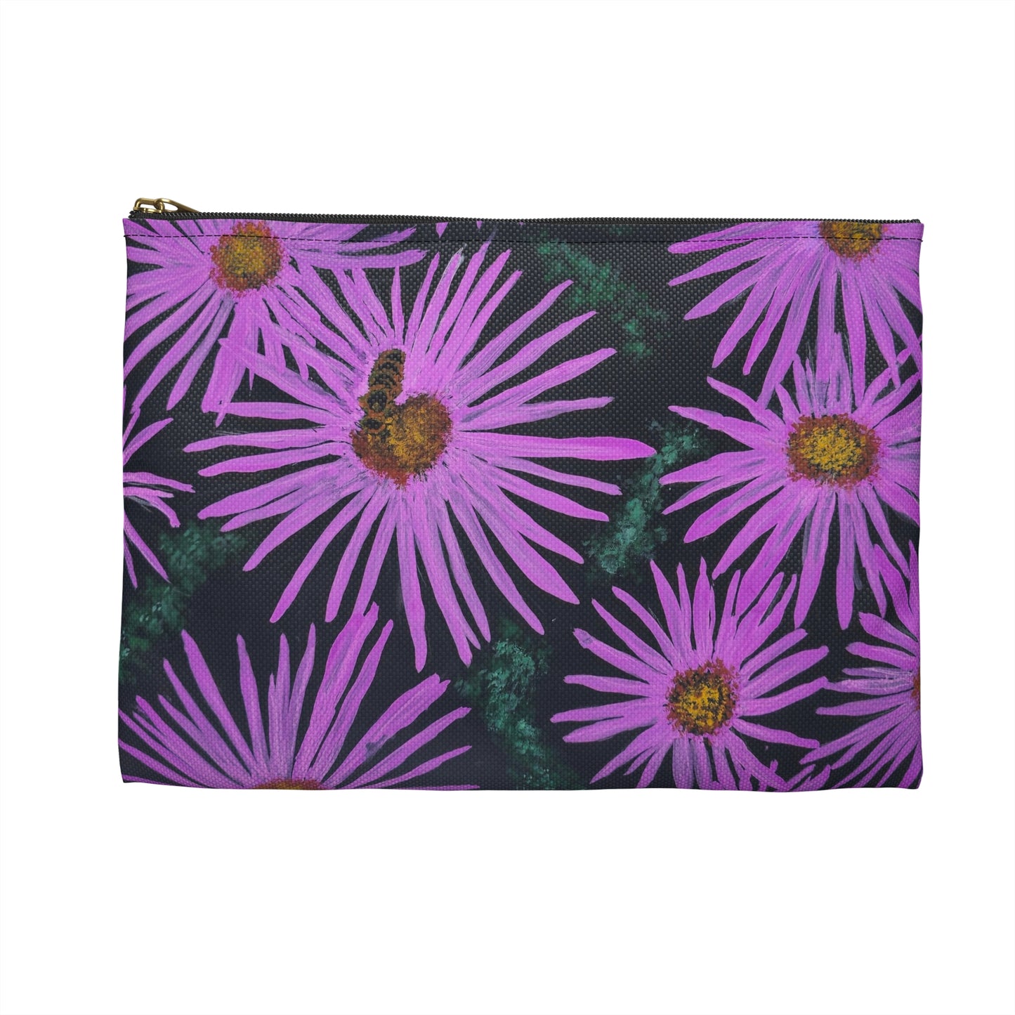 Accessory Pouch, Cosmetic Bag - Purple Aster Flowers with Bee Artwork Design