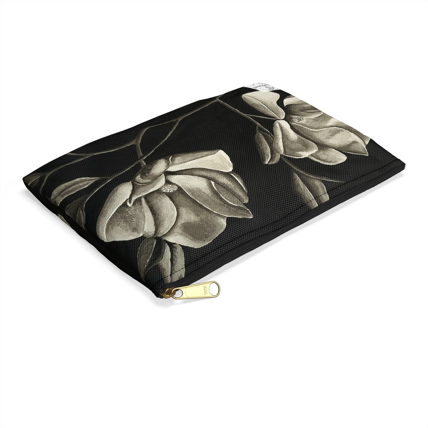 Accessory Pouch - Zippered Bag, Midnight Magnolias - Monochrome Floral Artwork Design