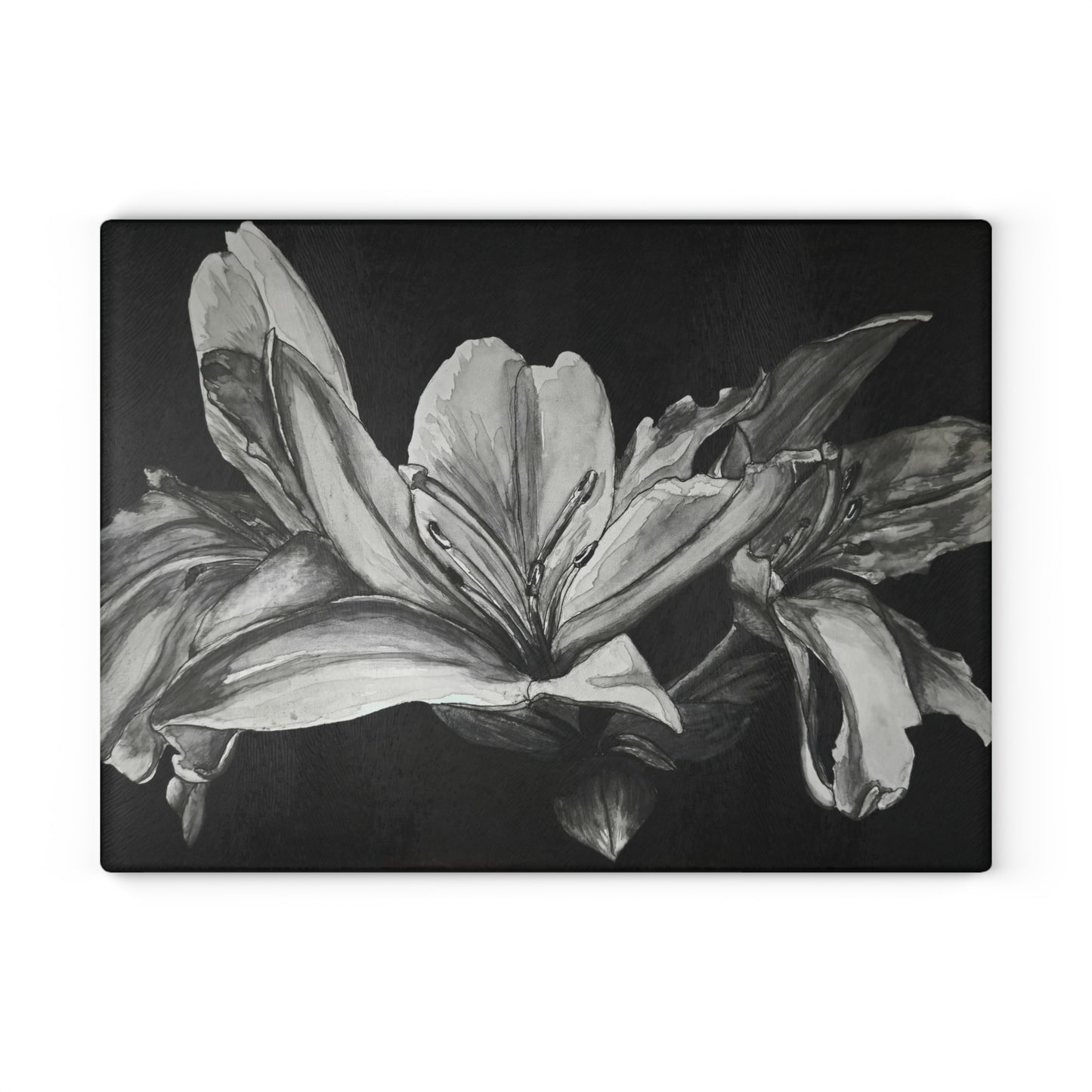 Elegant Floral Glass Cutting Board - Floral Elegance - Monochrome Lily Artwork Design, Kitchen Decor and Gift Idea