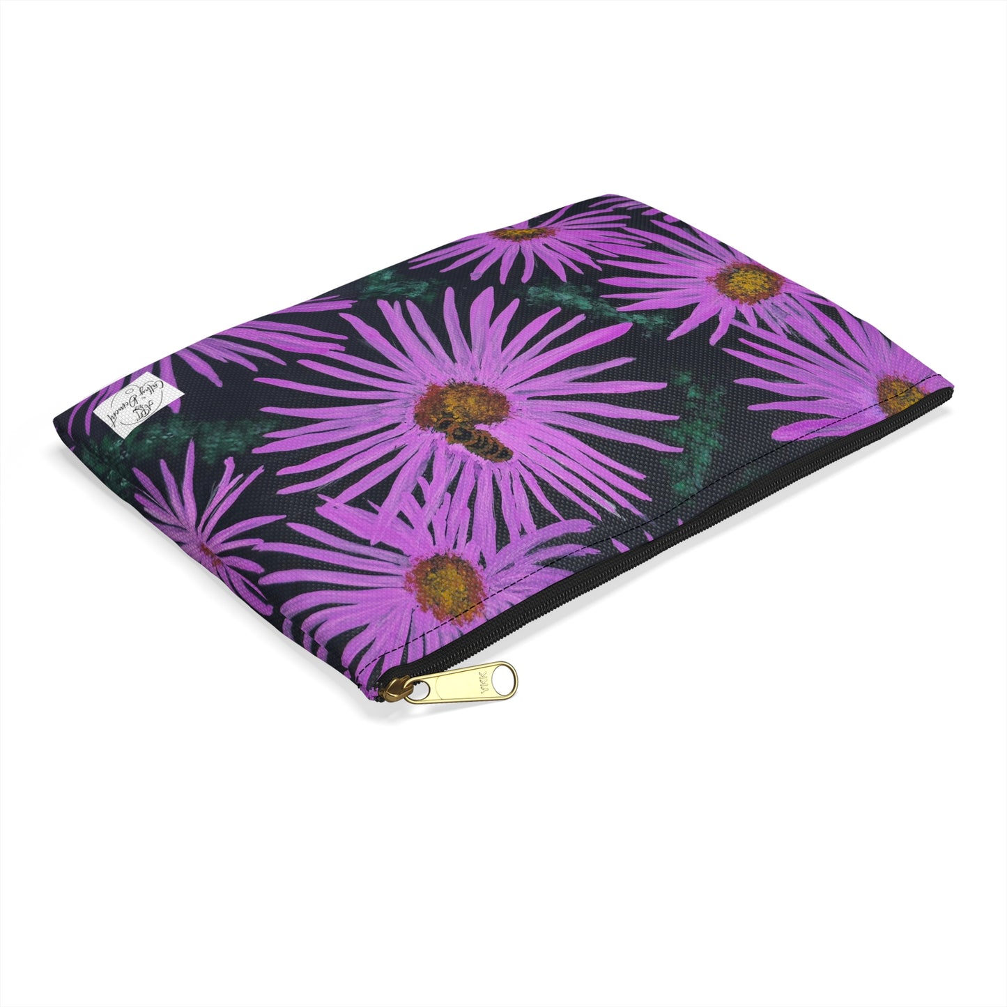 Accessory Pouch, Cosmetic Bag - Purple Aster Flowers with Bee Artwork Design