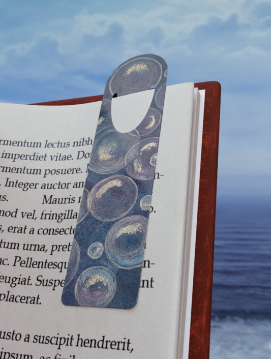 Tranquil Reflections: Blue and White Reflective Bubble Design Metal Bookmark