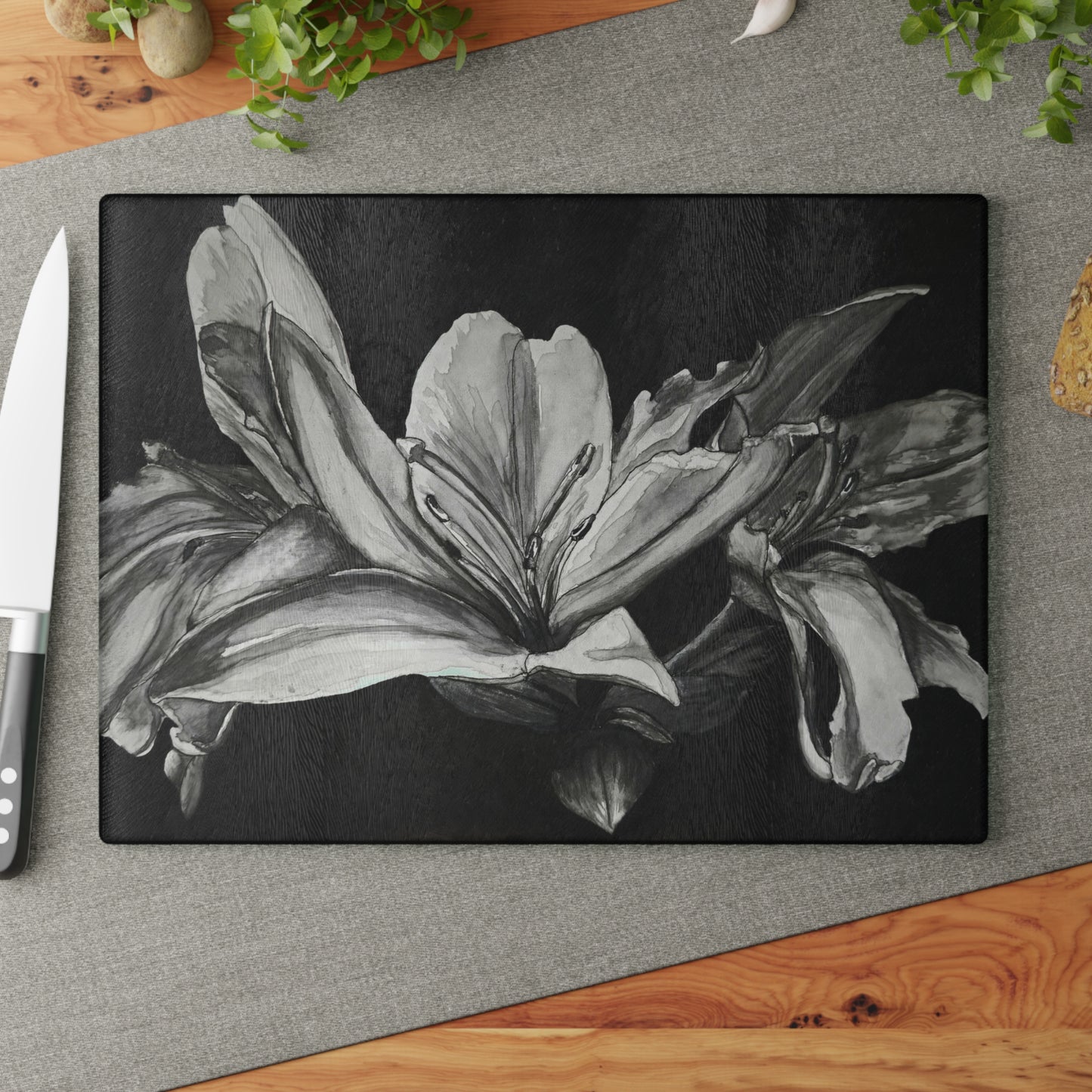 Elegant Floral Glass Cutting Board - Floral Elegance - Monochrome Lily Artwork Design, Kitchen Decor and Gift Idea