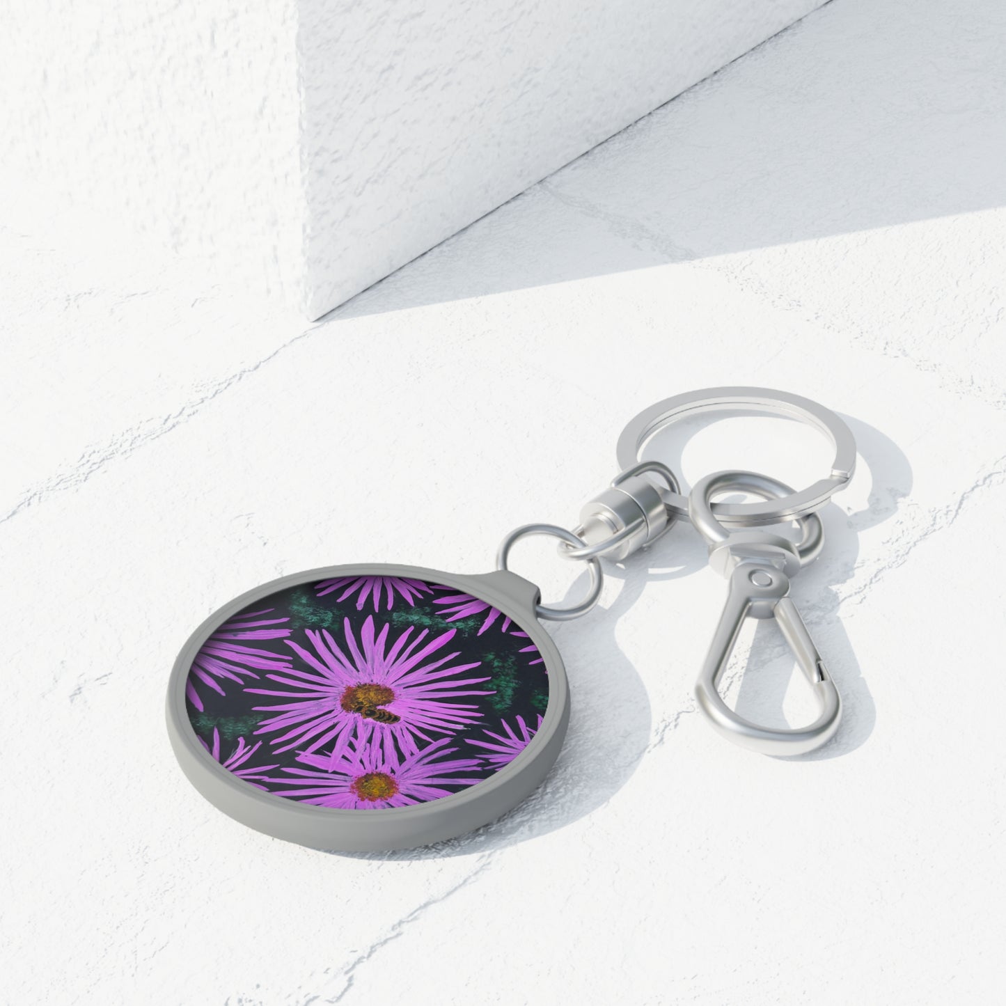 Keyring Tag  -  Purple Aster Flowers with Bee Artwork, Colorful Floral Artwork Design Key Chain