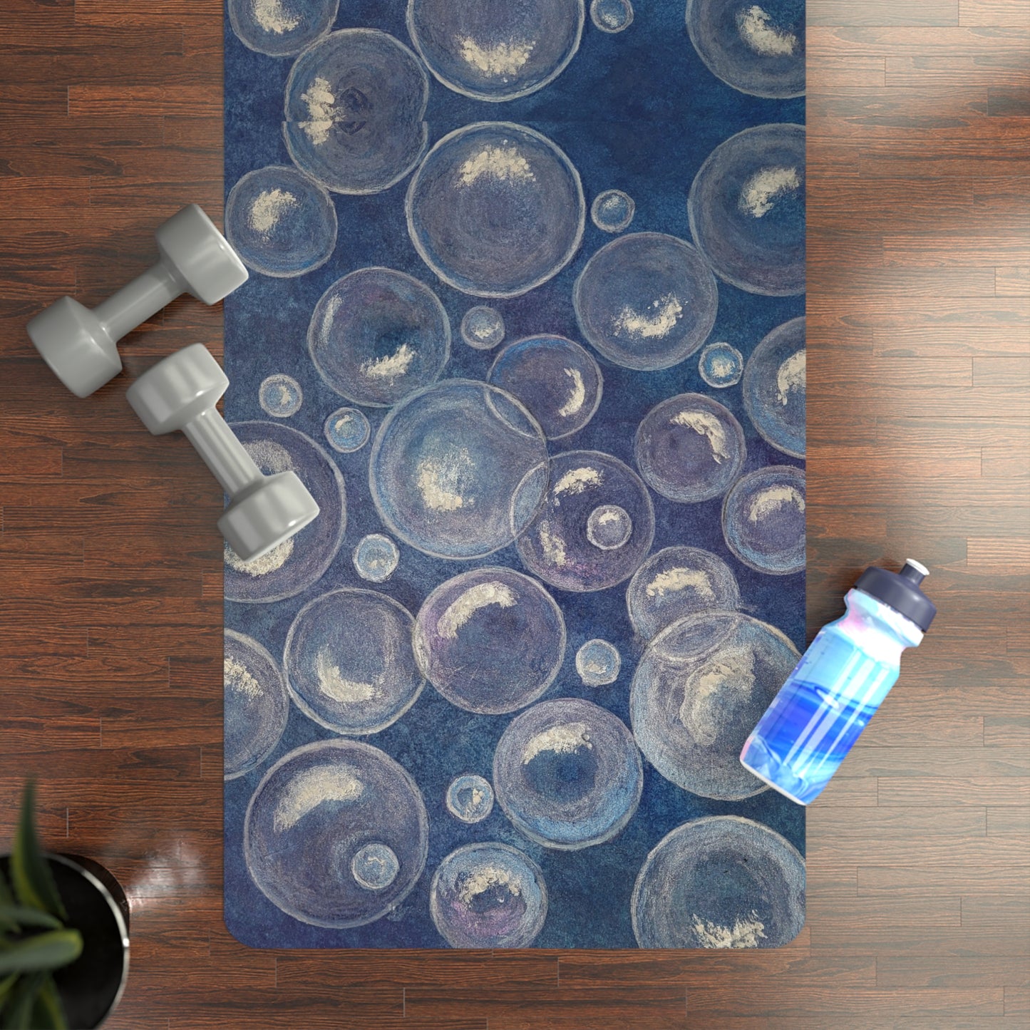 Yoga Mat - Tranquil Reflections: Blue and White Bubbles Artwork Design