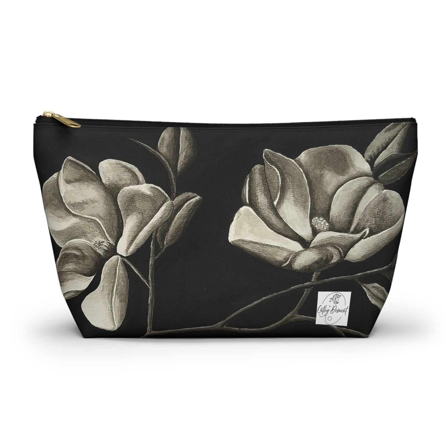 Accessory Pouch w T-bottom - Zippered Bag - Midnight Magnolias - Monochrome Floral Artwork Design