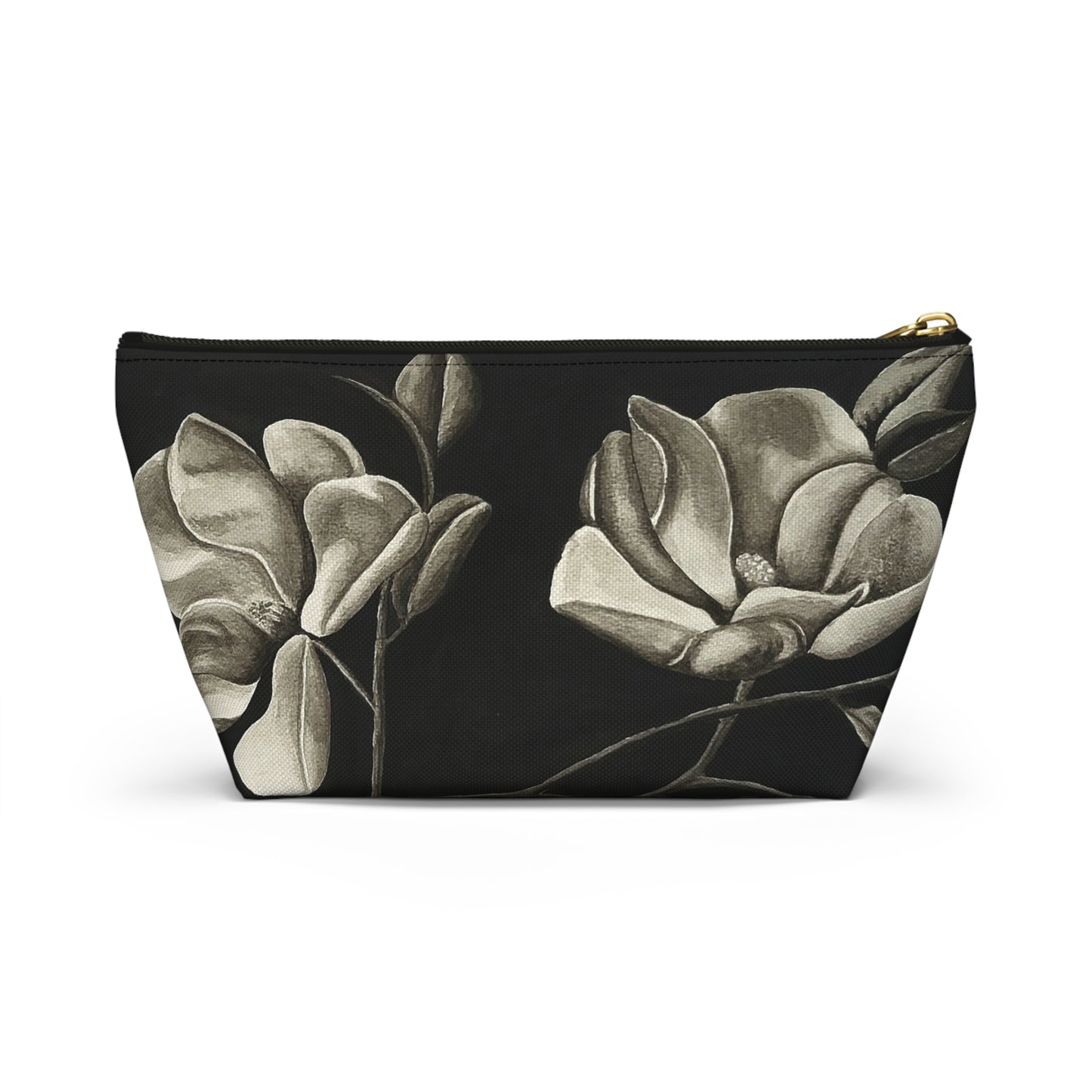 Accessory Pouch w T-bottom - Zippered Bag - Midnight Magnolias - Monochrome Floral Artwork Design