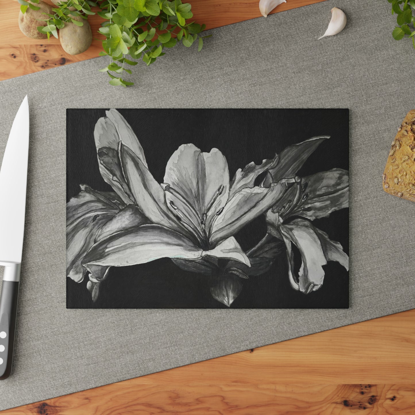 Elegant Floral Glass Cutting Board - Floral Elegance - Monochrome Lily Artwork Design, Kitchen Decor and Gift Idea