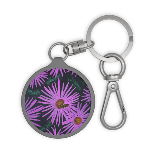 Keyring Tag  -  Purple Flowers with Bee Artwork, Floral Key Chain