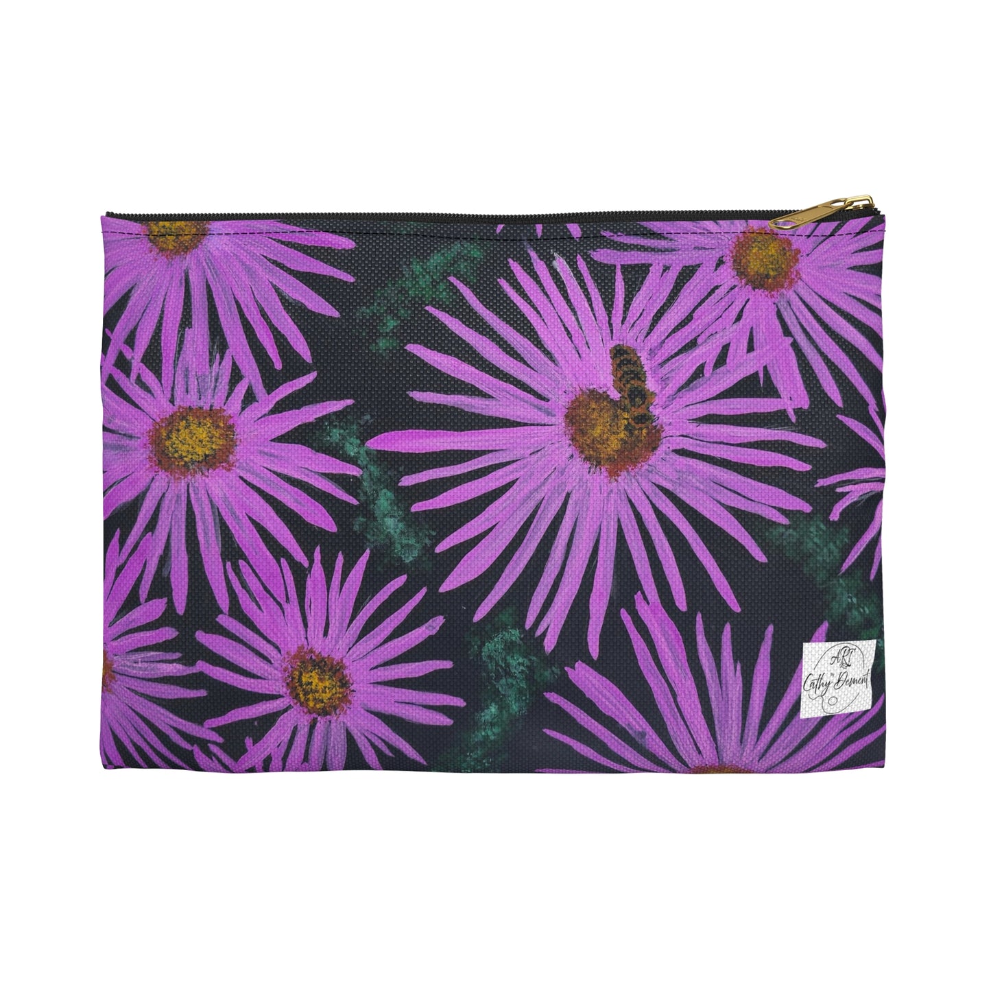 Accessory Pouch, Cosmetic Bag - Purple Aster Flowers with Bee Artwork Design