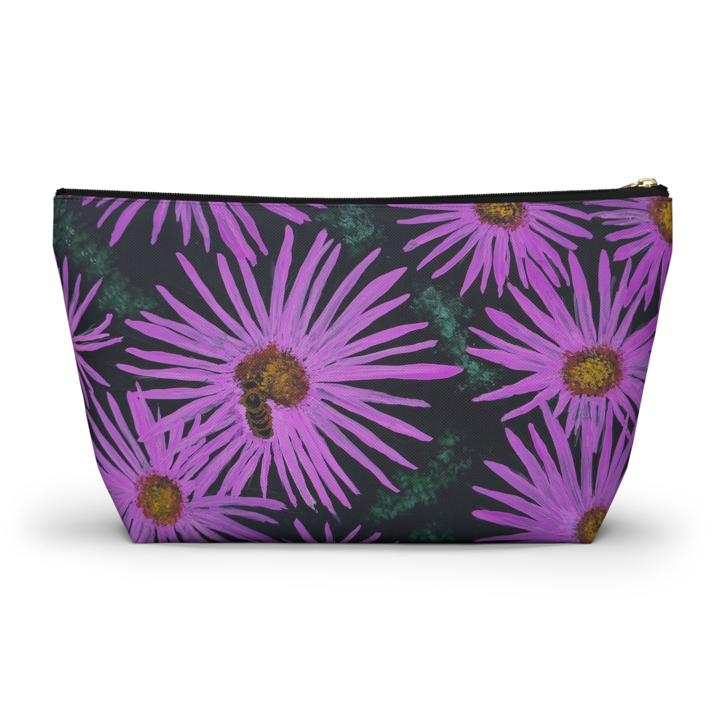 Accessory Pouch with T-bottom - Purple Aster Flowers with Bee Artwork