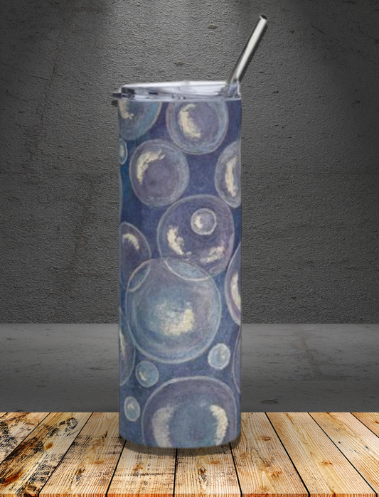 Tranquil Reflections: Blue and White Reflective Bubble Design Stainless Steel Tumbler