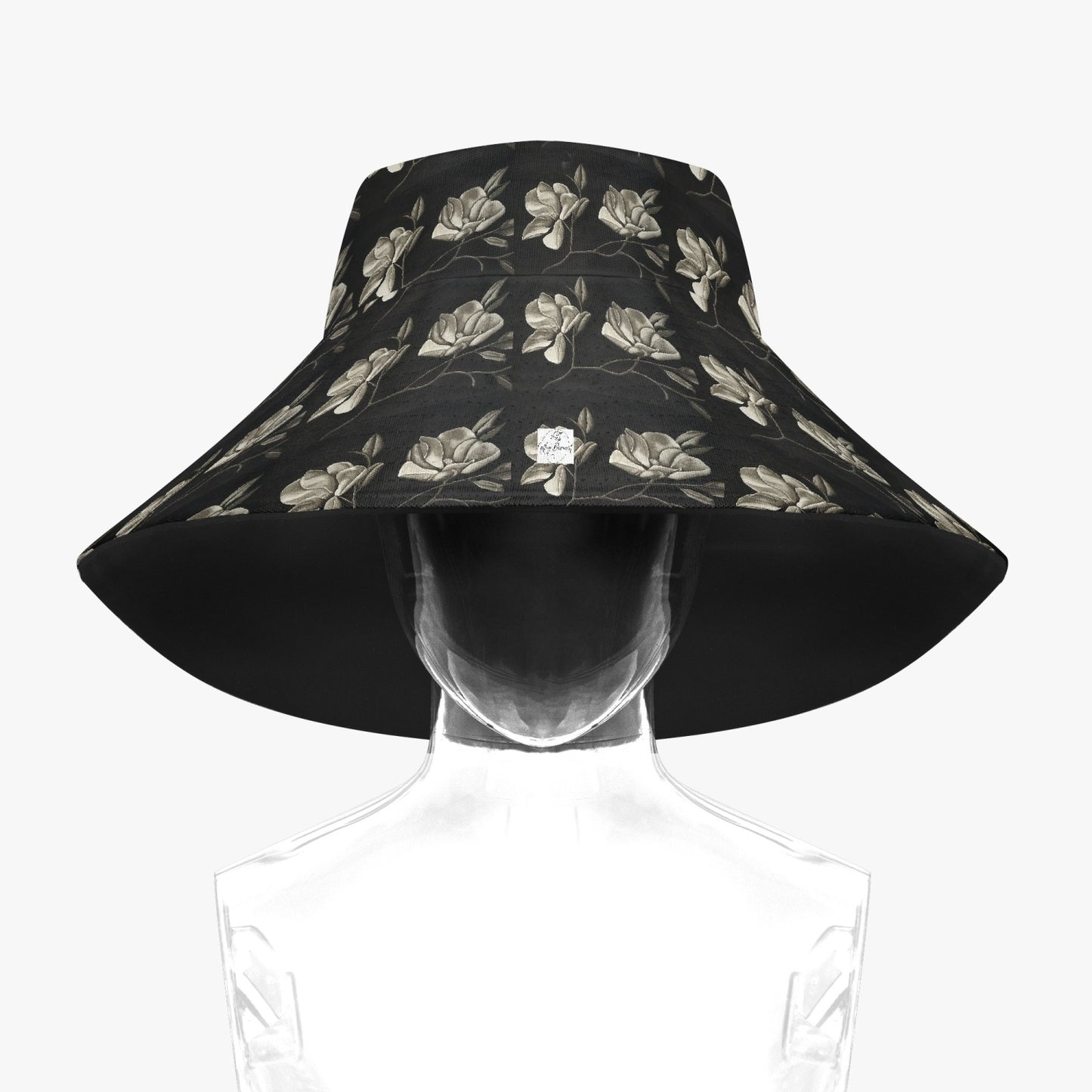 Floppy Beach Hat - Midnight Magnolias - Monochrome Black and White Magnolia Artwork Design