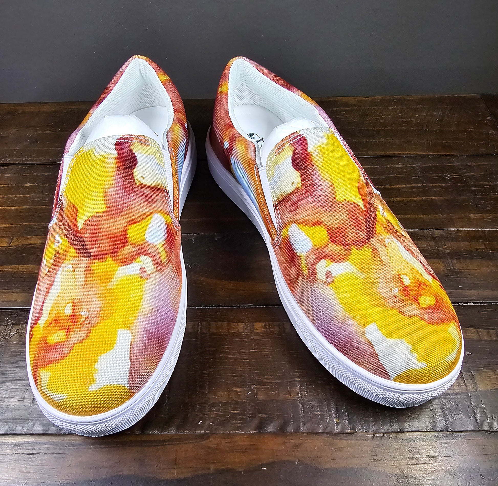 Women’s Slip-on Canvas Shoes - Sunset Veil: A Dance of Red and White Artwork Design