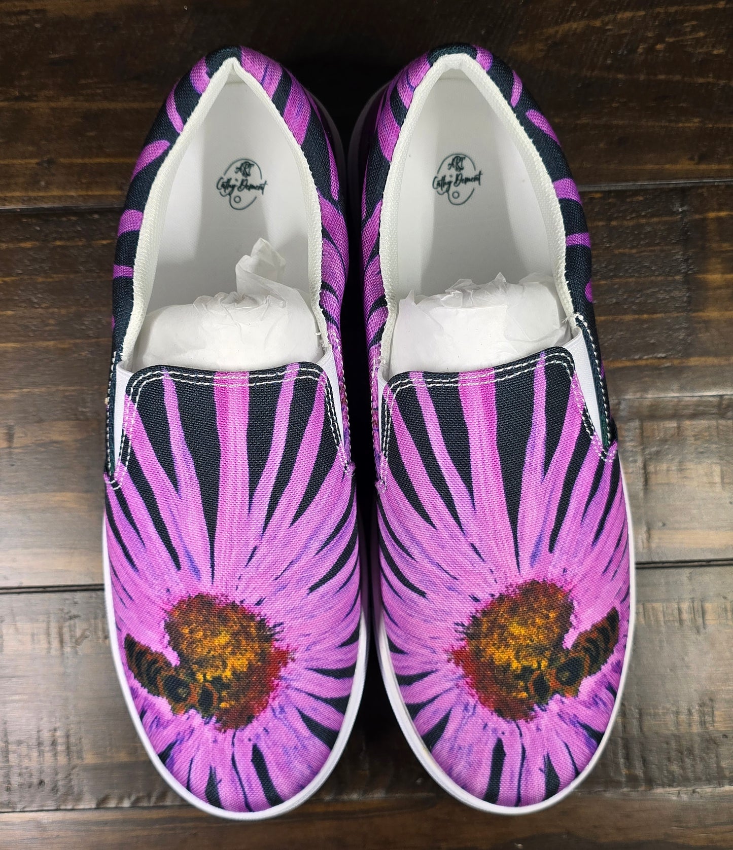 Women’s Slip-on Canvas Shoes - Purple Aster Flowers with Bee Artwork Design