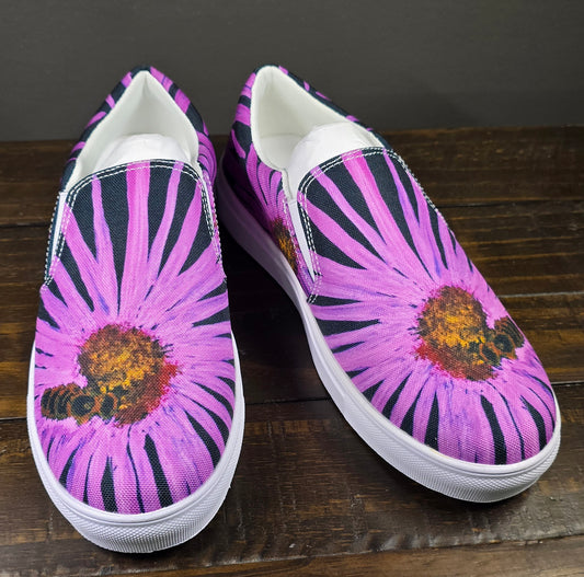 Women’s Slip-on Canvas Shoes - Purple Flowers with Bee Artwork Design 