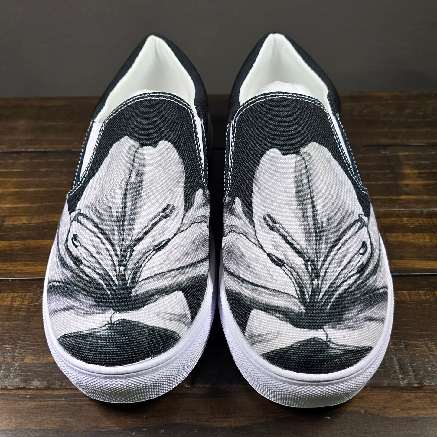 Women’s Slip-on Canvas Shoes - Floral Elegance: Monochrome Lily Artwork Design