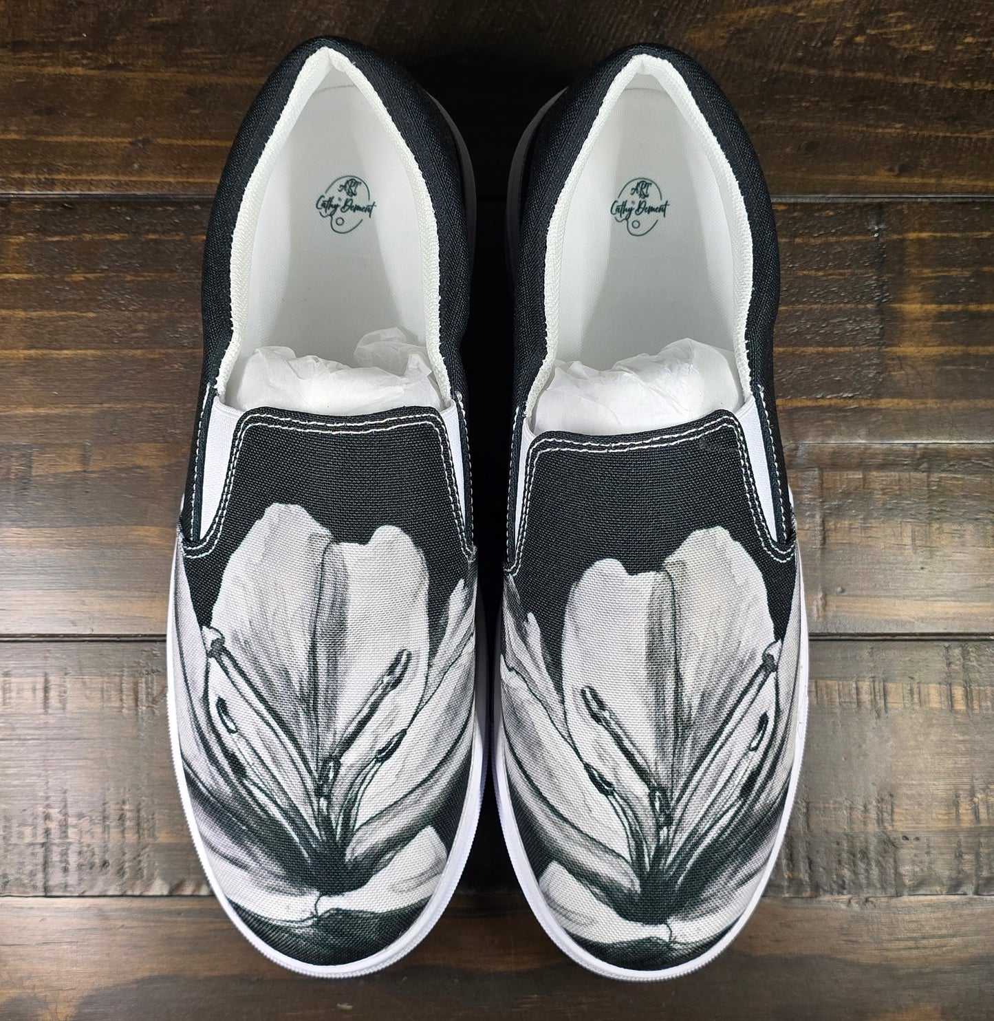 Women’s Slip-on Canvas Shoes - Floral Elegance: Monochrome Lily Artwork Design