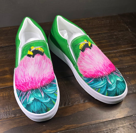 Women's Slip-On Canvas Shoes - Bumble Bee Bliss, Pink Blossom Artwork Design