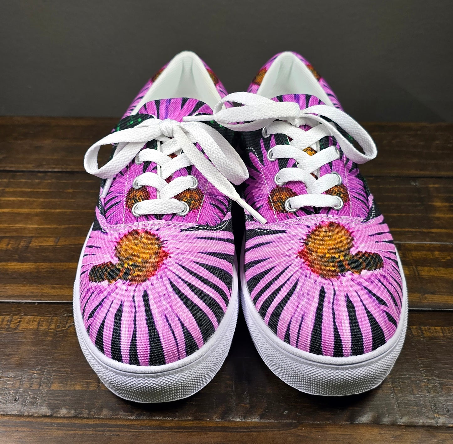 Women’s lace-up Canvas Shoes - Purple Aster Flowers with Bee Artwork, Floral Art