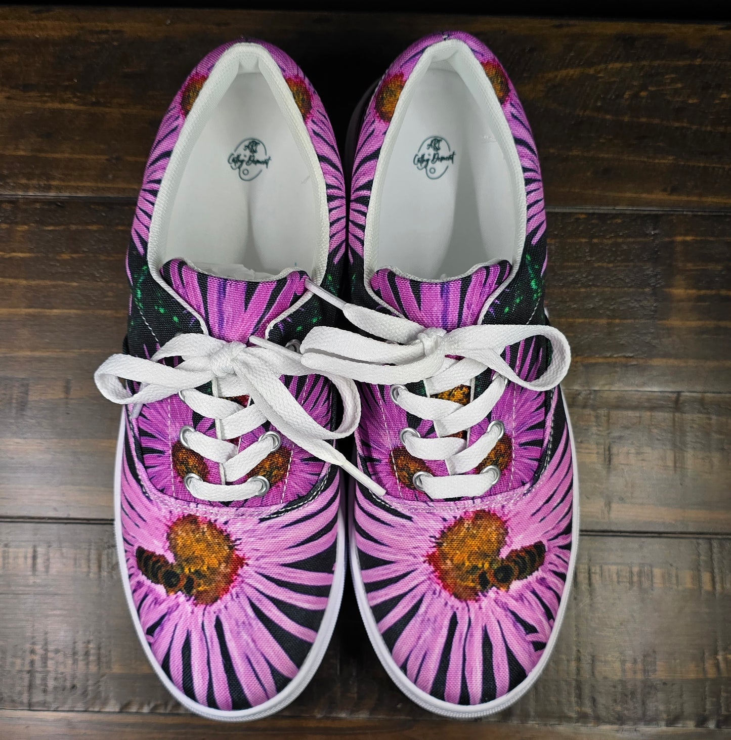 Women’s lace-up Canvas Shoes - Purple Aster Flowers with Bee Artwork, Floral Art