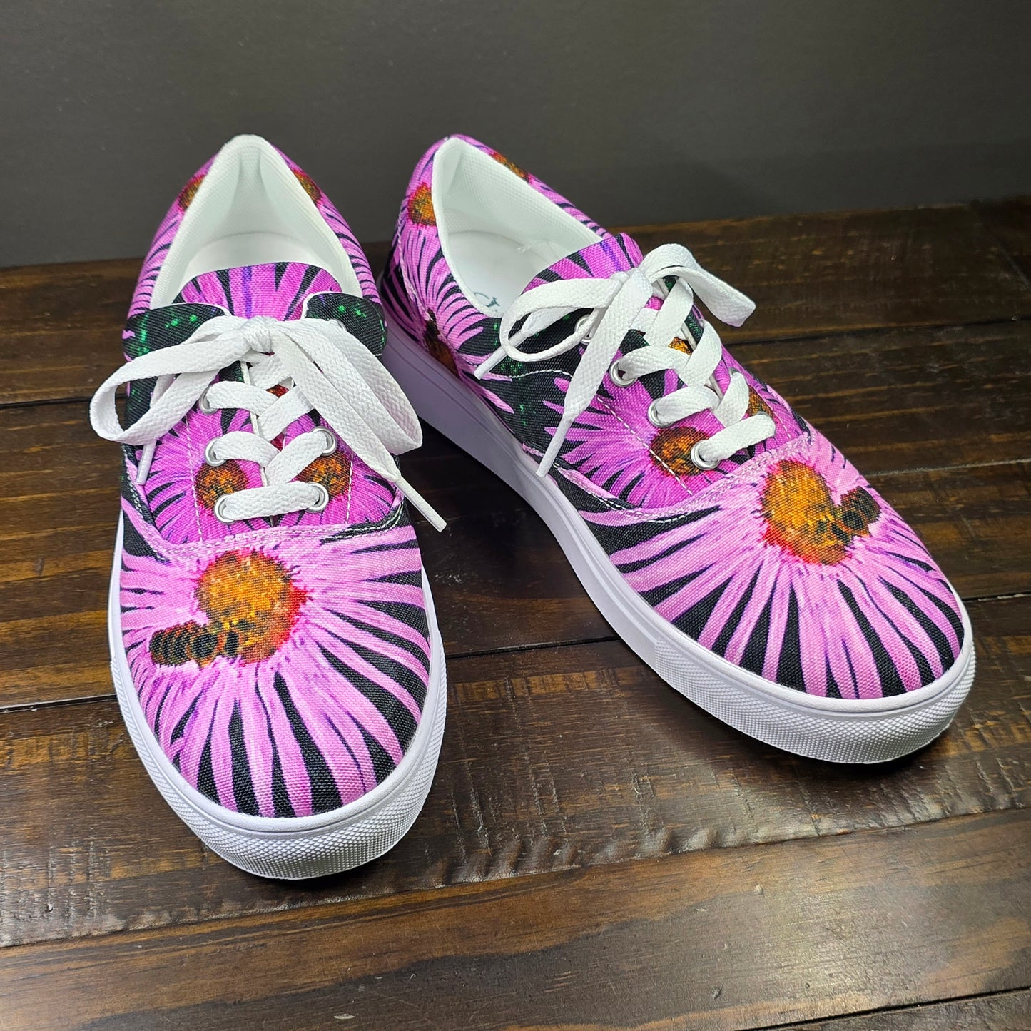 Women’s lace-up Canvas Shoes - Purple Flowers with Bee Artwork, Floral Art