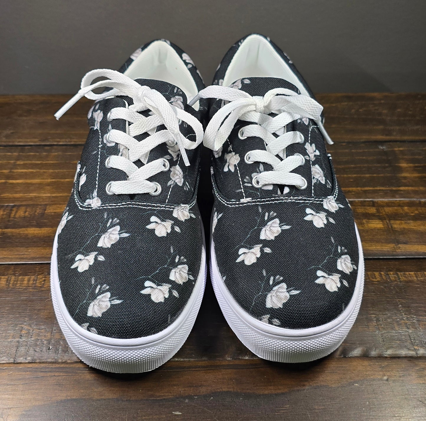 Women’s lace-up canvas shoes - Midnight Magnolias - Monochrome Floral Artwork Design, Wearable Art