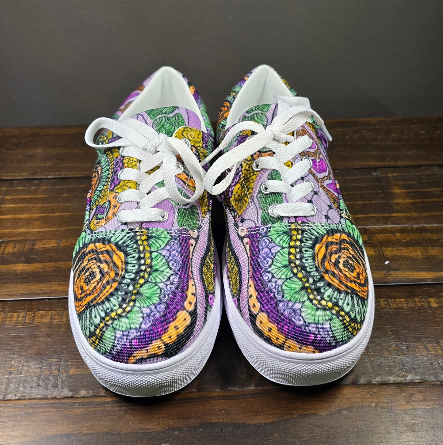 Women’s Lace-up Canvas Shoes - Zen Floral Bliss, Colorful Zentangle Artwork