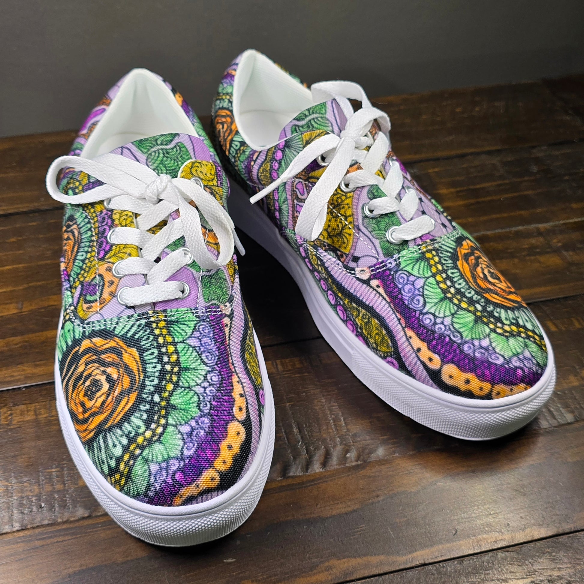 Women’s Lace-up Canvas Shoes - Zen Floral Bliss, Colorful Zentangle Artwork