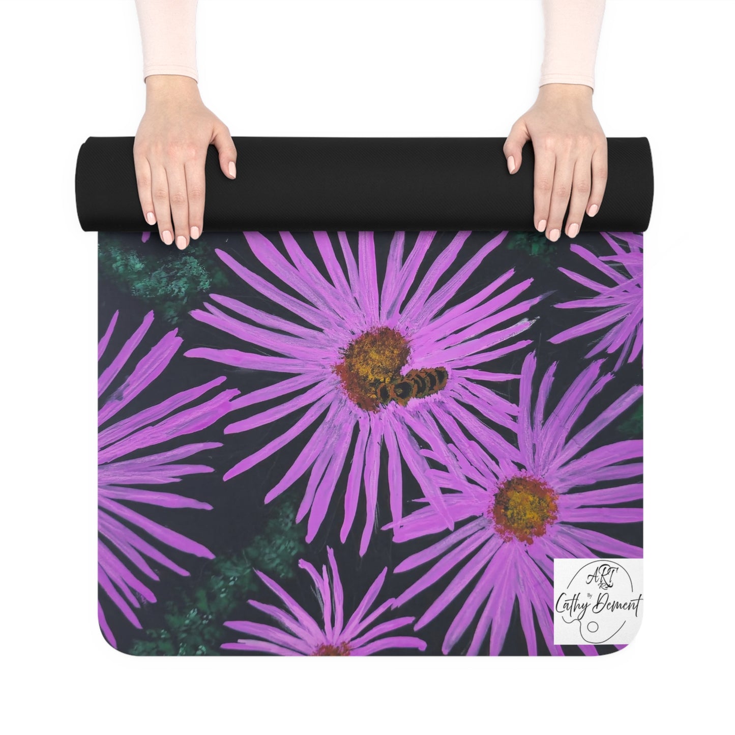 Yoga Mat - Purple Aster Flowers with Bee - Colorful Floral Artwork Design