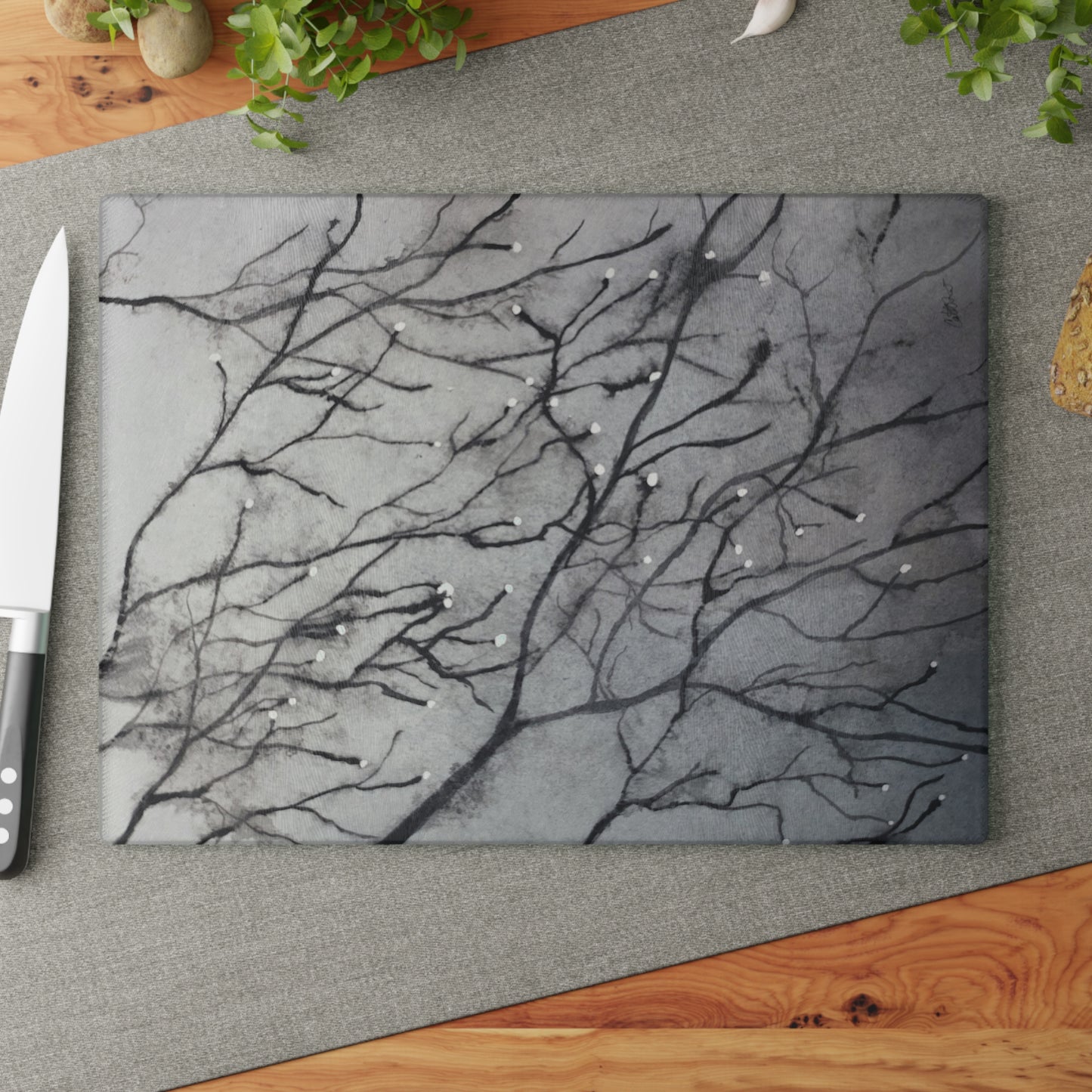 Glass Cutting Board - Tranquil Dawn, Misty Morning - Monochrome Nature-Inspired Kitchen Décor