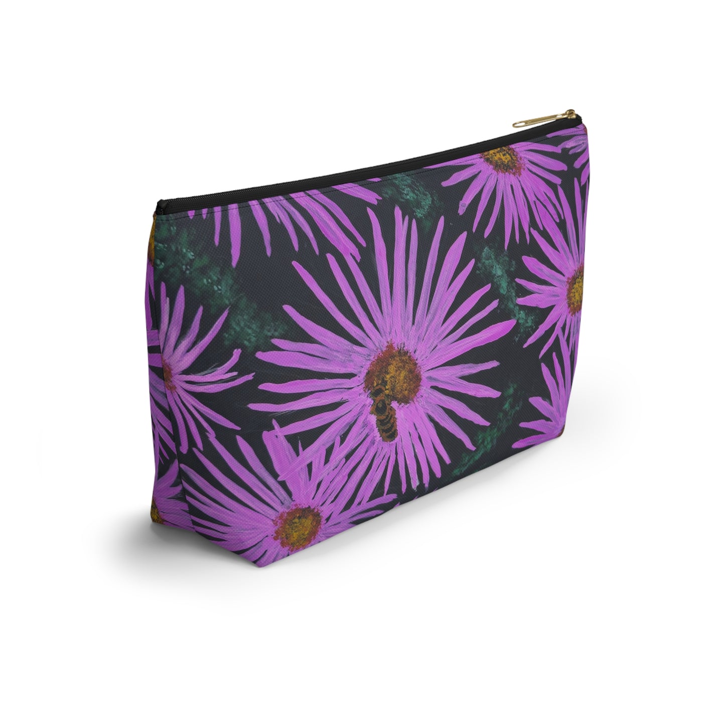 Accessory Pouch with T-bottom - Purple Aster Flowers with Bee Artwork