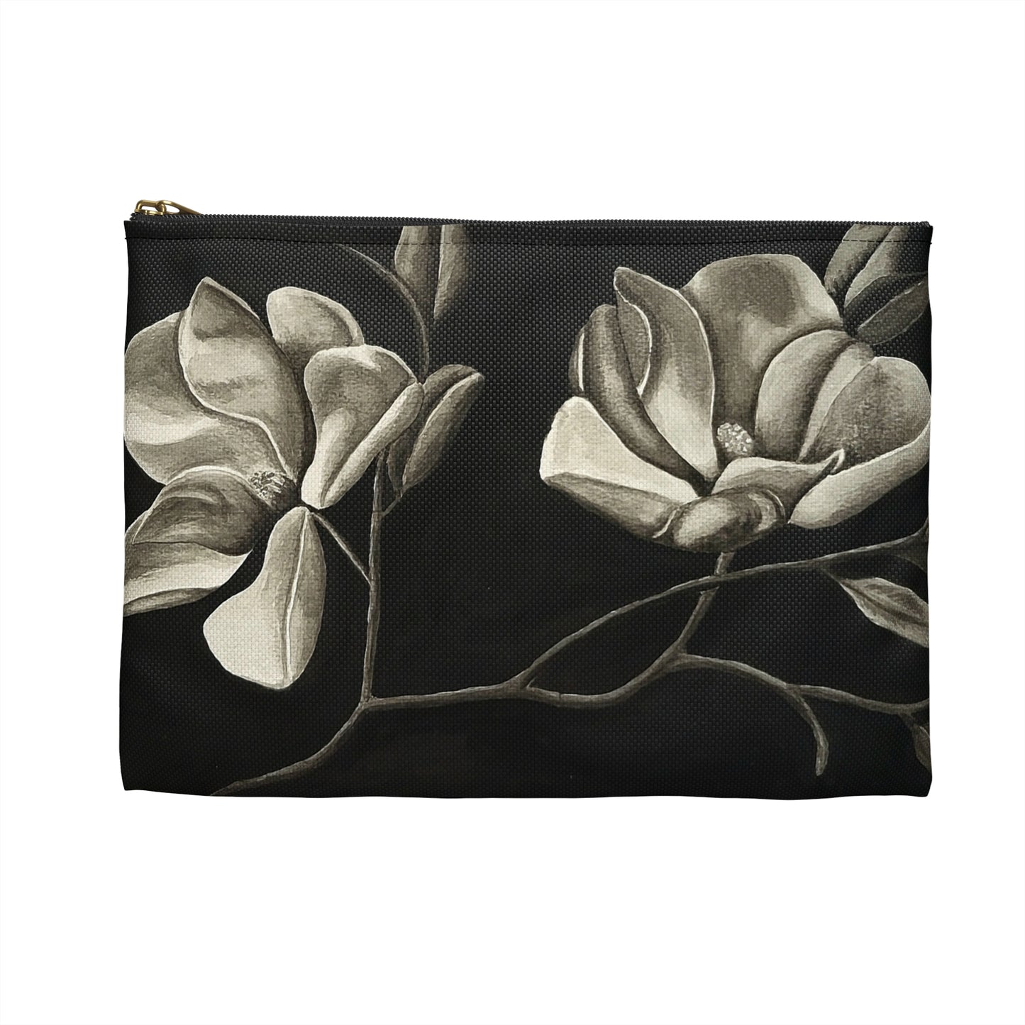 Accessory Pouch - Zippered Bag, Midnight Magnolias - Monochrome Floral Artwork Design