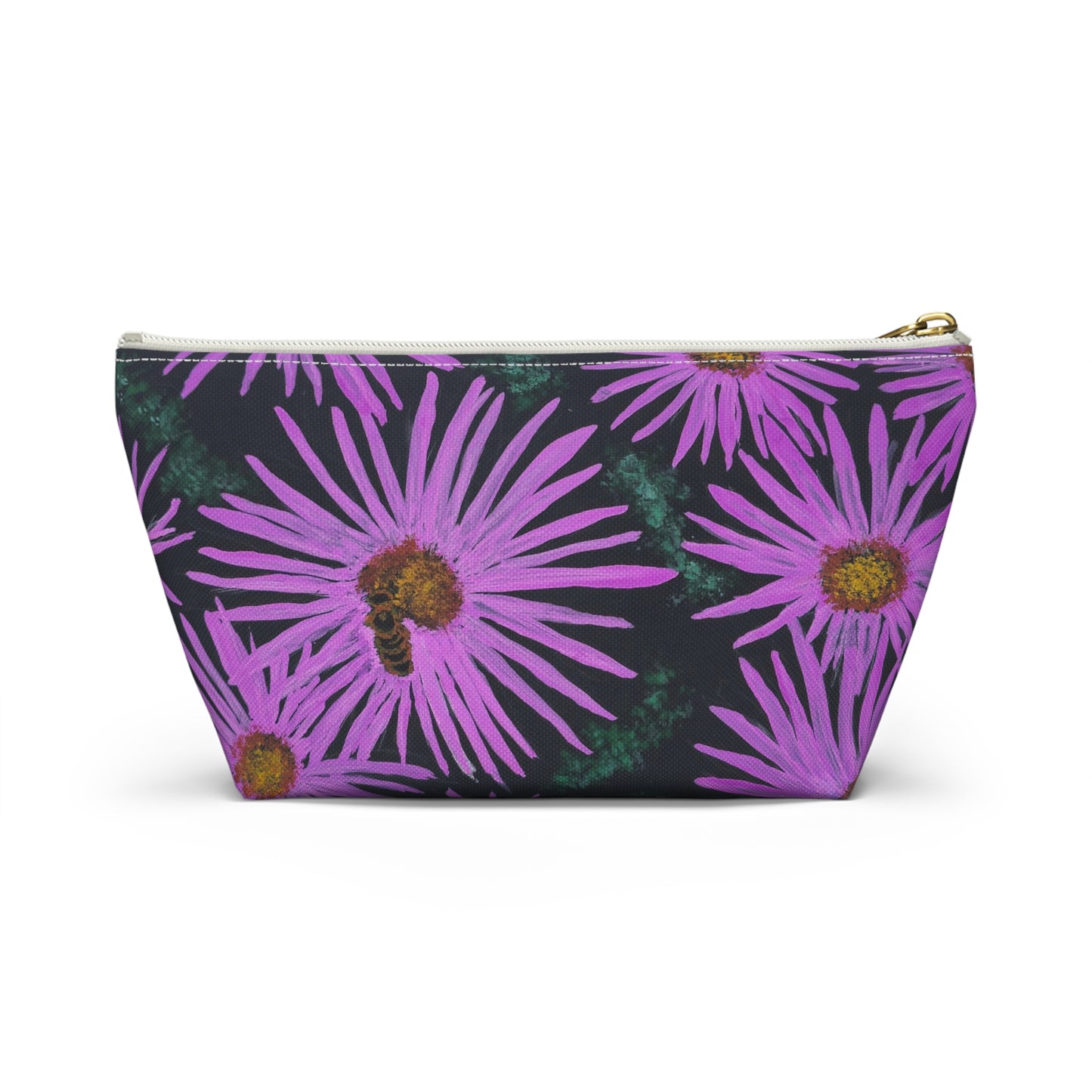 Accessory Pouch with T-bottom - Purple Aster Flowers with Bee Artwork