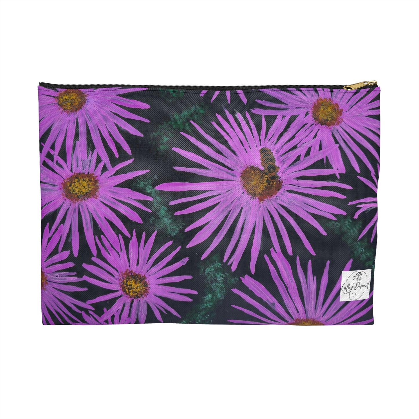 Accessory Pouch, Cosmetic Bag - Purple Aster Flowers with Bee Artwork Design