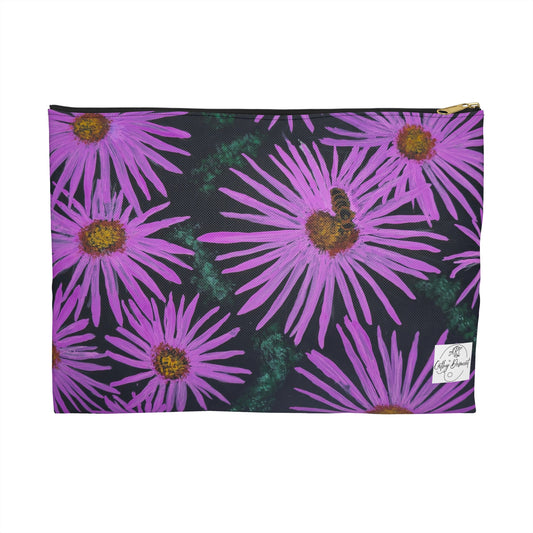 Accessory Pouch, Cosmetic Bag - Purple Aster Flowers with Bee Artwork Design