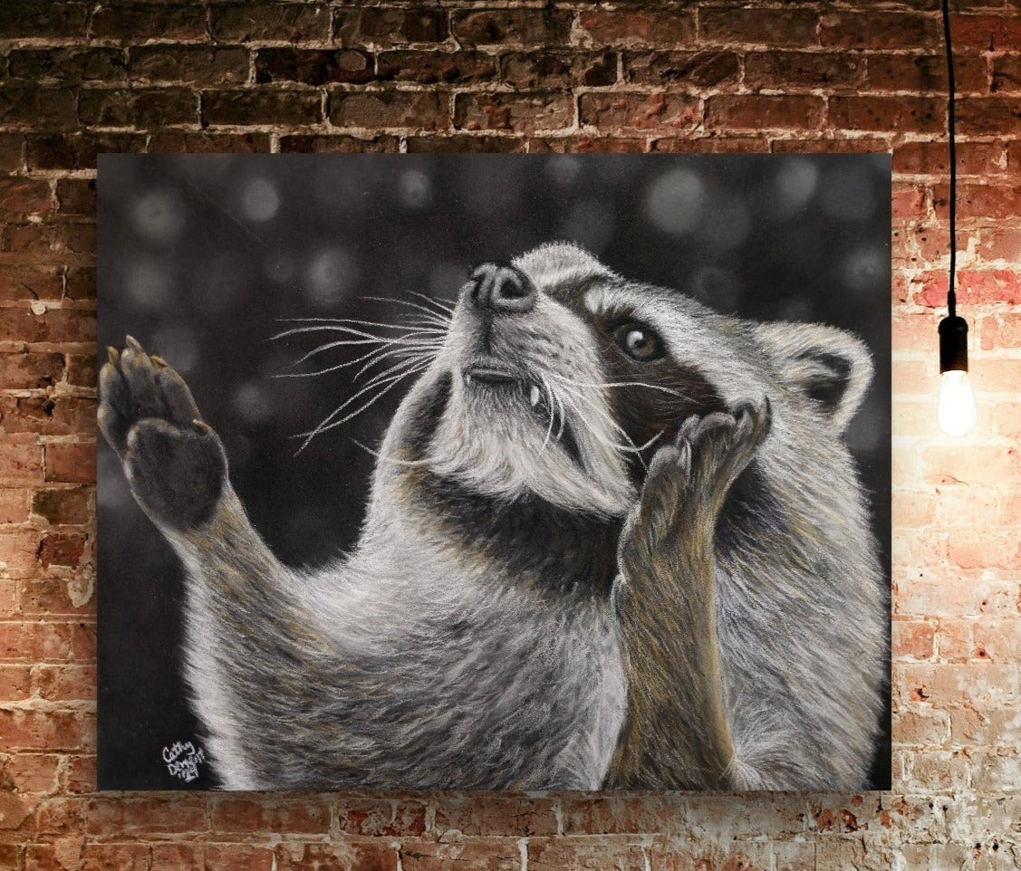 Metal Print: Catching Snowflakes Raccoon Wildlife Artwork