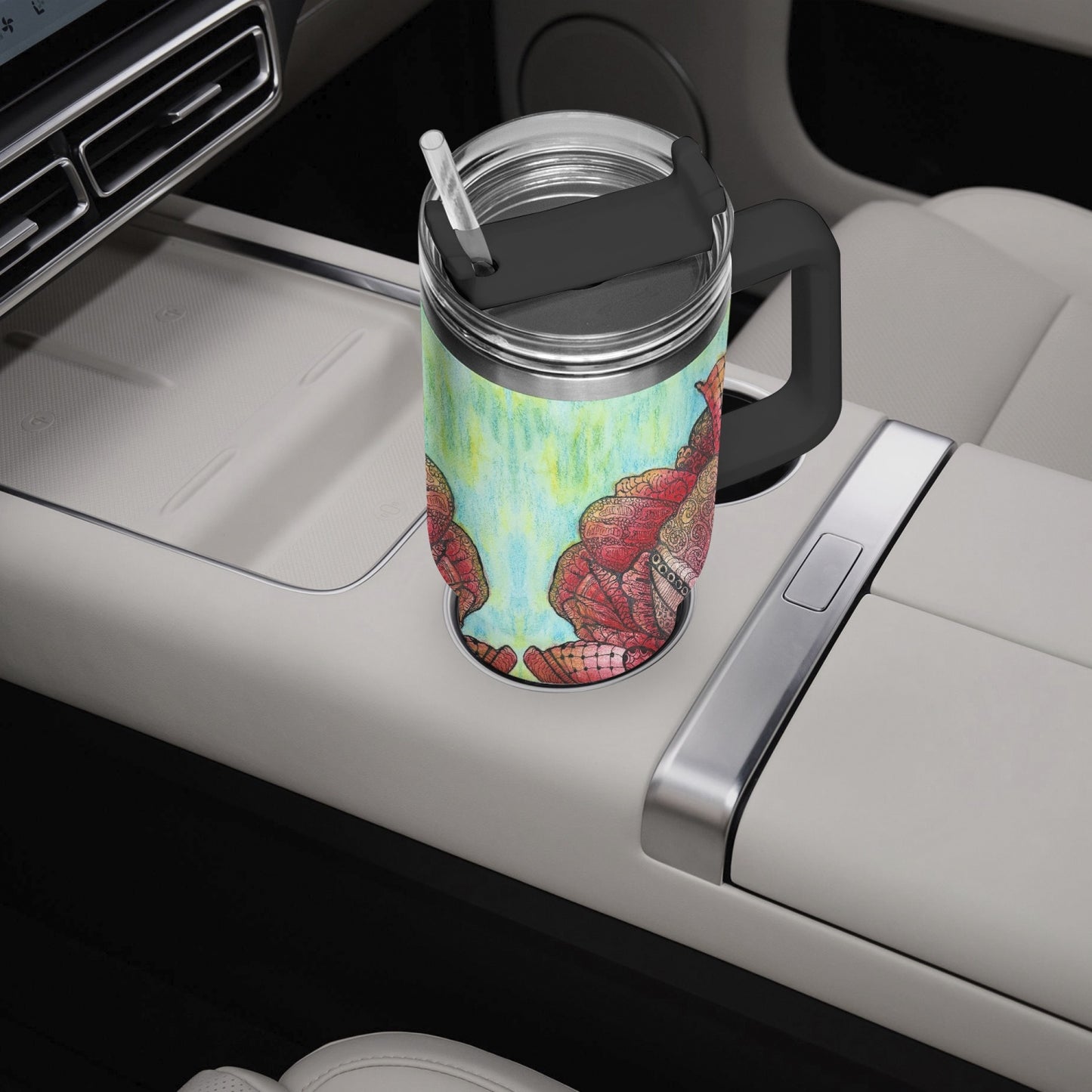 40oz Car Tumbler Cup - Zen Floral Harmony - Colorful Zentangle Flower Artwork Design