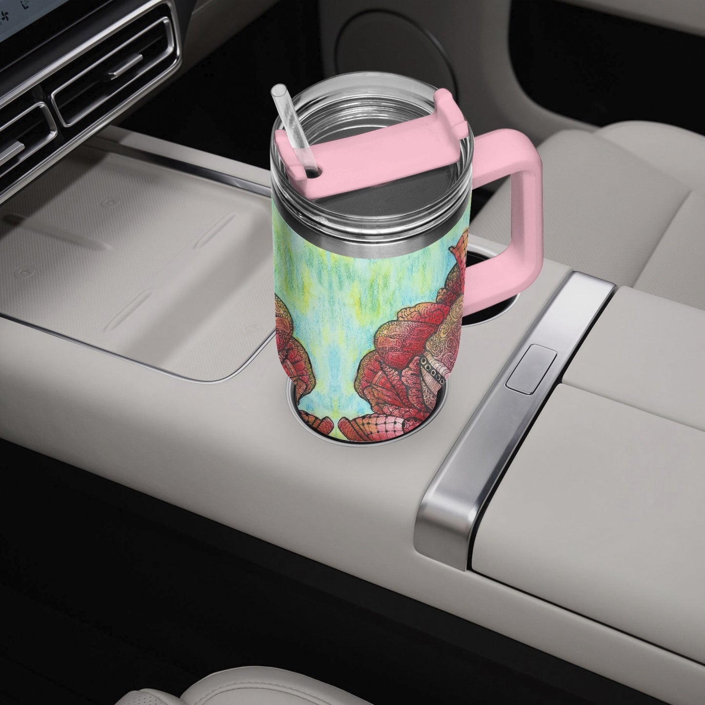 40oz Car Tumbler Cup - Zen Floral Harmony - Colorful Zentangle Flower Artwork Design