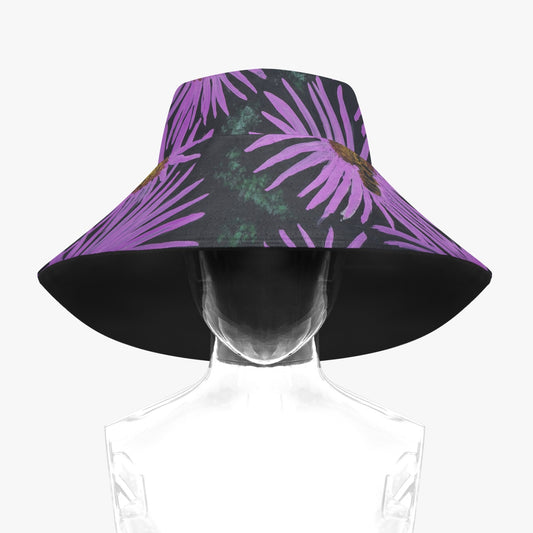 Floppy Beach Hat - Purple Aster Flower with Bee - Colorful Floral Artwork Design